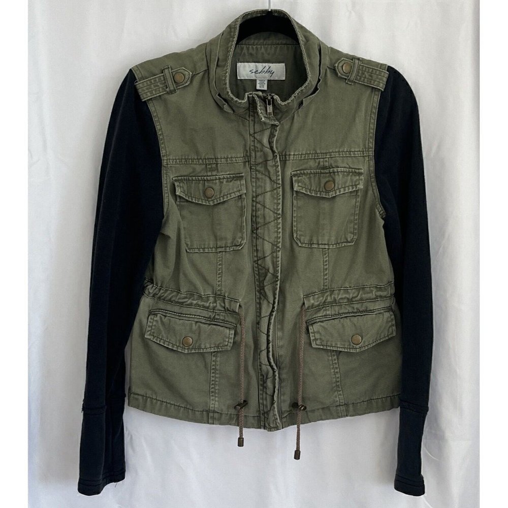 Womens Military Utility Jacket Sweatshirt Medium Olive Army Green 90s Grunge - Picture 2 of 16